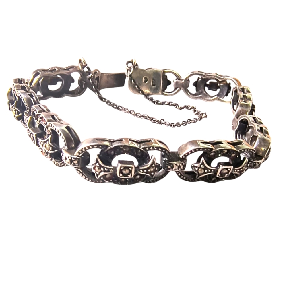 Vintage Sterling Silver And Marcasite Art Deco Link Bracelet